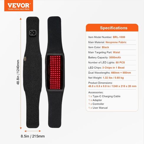 VEVOR Red Light Therapy Belt for Waist & Shoulder, 660nm & 850nm Wrap Device with Timer, 80 LED, 3-Level Vibration & 10Hz Pulse, Cordless Light Therapy Pad for Pain Relief & Skin Health in Saudi Arabia