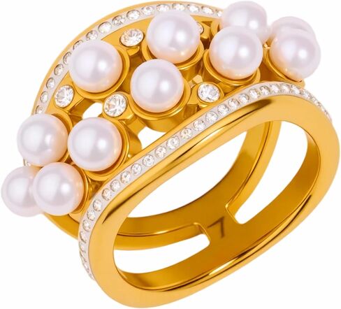 Gold Pearl Rings for Women, Vintage Chunky Rings Non Tarnish, Elegant Statement Ring with Cubic Zirconia, Promise Stacking Pearls Rings, Cocktail Rings Trendy Jewelry Gift in Saudi Arabia