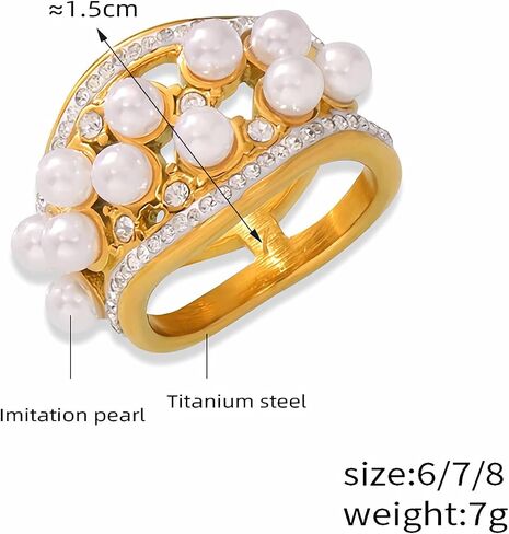 Gold Pearl Rings for Women, Vintage Chunky Rings Non Tarnish, Elegant Statement Ring with Cubic Zirconia, Promise Stacking Pearls Rings, Cocktail Rings Trendy Jewelry Gift in Saudi Arabia