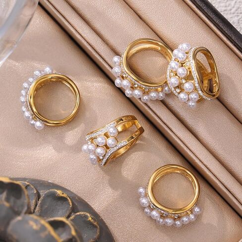 Gold Pearl Rings for Women, Vintage Chunky Rings Non Tarnish, Elegant Statement Ring with Cubic Zirconia, Promise Stacking Pearls Rings, Cocktail Rings Trendy Jewelry Gift in Saudi Arabia