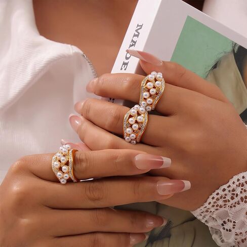 Gold Pearl Rings for Women, Vintage Chunky Rings Non Tarnish, Elegant Statement Ring with Cubic Zirconia, Promise Stacking Pearls Rings, Cocktail Rings Trendy Jewelry Gift in Saudi Arabia