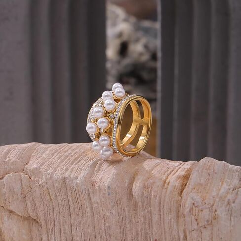 Gold Pearl Rings for Women, Vintage Chunky Rings Non Tarnish, Elegant Statement Ring with Cubic Zirconia, Promise Stacking Pearls Rings, Cocktail Rings Trendy Jewelry Gift in Saudi Arabia