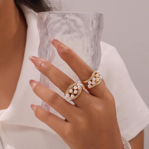 Gold Pearl Rings for Women, Vintage Chunky Rings Non Tarnish, Elegant Statement Ring with Cubic Zirconia, Promise Stacking Pearls Rings, Cocktail Rings Trendy Jewelry Gift in Saudi Arabia