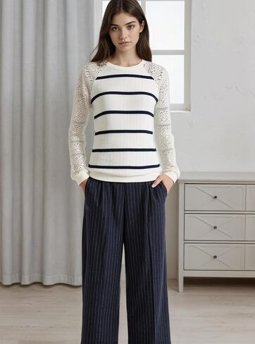 Women's Long Sleeved Round Neck Sweatshirt With Striped and Lace Sleeve Design in Saudi Arabia