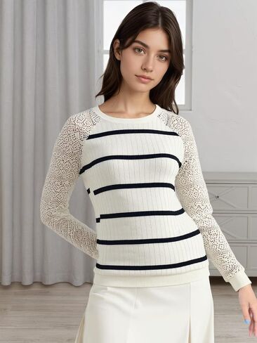 Women's Long Sleeved Round Neck Sweatshirt With Striped and Lace Sleeve Design in Saudi Arabia