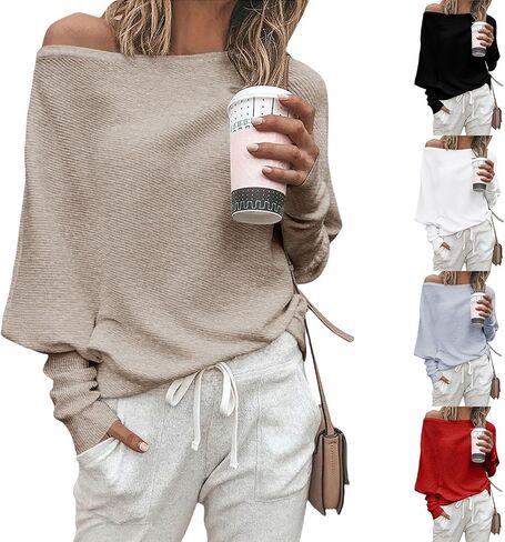 Kubbon Women's Off The Shoulder Tops 2024 Fall Fashion Batwing Puff Long Sleeve Pullover Tunic Tops Cable Slouchy Sweater in Saudi Arabia