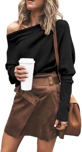 Kubbon Women's Off The Shoulder Tops 2024 Fall Fashion Batwing Puff Long Sleeve Pullover Tunic Tops Cable Slouchy Sweater in Saudi Arabia
