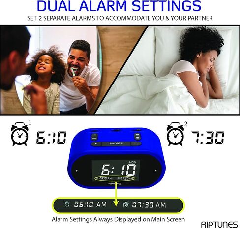 Riptunes Loud Alarm Clock with Bed Shaker for Heavy Sleepers & Hearing Impaired - Dual Alarm for Bedroom Weekday and Weekend Settings USB Charging, Dimmer, Snooze in Kuwait