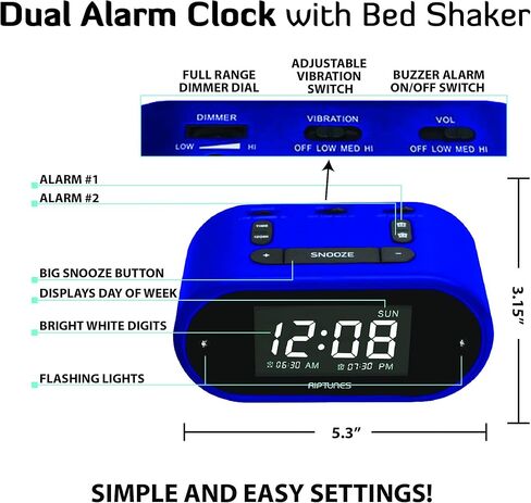 Riptunes Loud Alarm Clock with Bed Shaker for Heavy Sleepers & Hearing Impaired - Dual Alarm for Bedroom Weekday and Weekend Settings USB Charging, Dimmer, Snooze in Kuwait