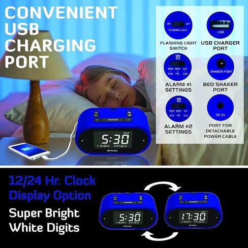 Riptunes Loud Alarm Clock with Bed Shaker for Heavy Sleepers & Hearing Impaired - Dual Alarm for Bedroom Weekday and Weekend Settings USB Charging, Dimmer, Snooze in Kuwait