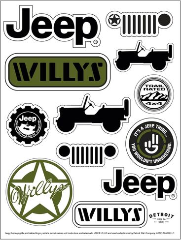 Willys Jeep Sticker Sheet – 12 Off-Road Vinyl Decals Featuring Grille, Star, Trail Rated, Vintage Jeep – Made in USA in Saudi Arabia