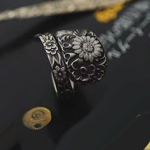 Retro Sunflower Spoon Rings for Women Adjustable Oxidized Silver Victorian Vintage Boho Finger Comfort Fit Adjustable Floral Thumb Jewelry Cherry Blossom Wrap Around Open Band Xmas Gifts in Saudi Arabia