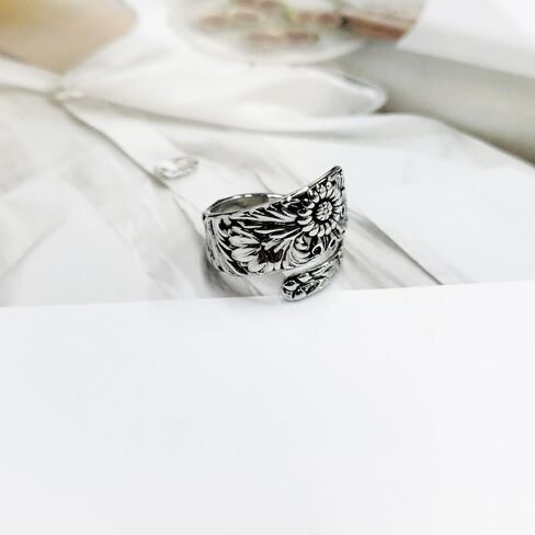 Retro Sunflower Spoon Rings for Women Adjustable Oxidized Silver Victorian Vintage Boho Finger Comfort Fit Adjustable Floral Thumb Jewelry Cherry Blossom Wrap Around Open Band Xmas Gifts in Saudi Arabia