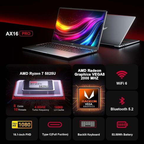 جهاز كمبيوتر محمول للألعاب AMD RYZEN 7 5700U 16.1 بوصة IPS 16GB DDR4 (2 * 8GB ، قناة مزدوجة) 512GB M.2 2280 NVME SSD Backlit Keyboard WiFi6 HDMI Type-C USB in Kuwait