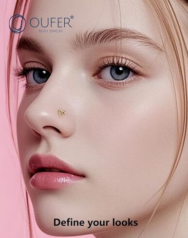 OUFER 925 الفضة الاسترليني الأنف مسمار L الأنف خواتم 20G الأنف الصلبة القلب ثقب الأنف مجوهرات الغضروف أقراط للنساء الرجال (L - القلب) in Kuwait