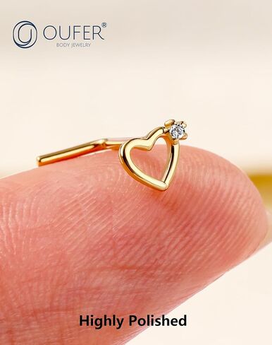 OUFER 925 الفضة الاسترليني الأنف مسمار L الأنف خواتم 20G الأنف الصلبة القلب ثقب الأنف مجوهرات الغضروف أقراط للنساء الرجال (L - القلب) in Kuwait