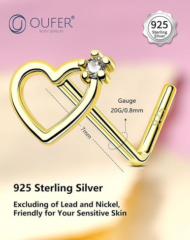 OUFER 925 الفضة الاسترليني الأنف مسمار L الأنف خواتم 20G الأنف الصلبة القلب ثقب الأنف مجوهرات الغضروف أقراط للنساء الرجال (L - القلب) in Kuwait