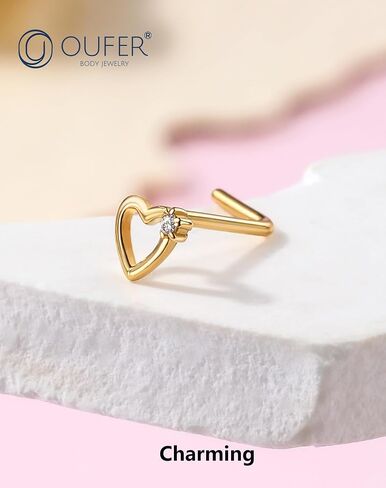 OUFER 925 الفضة الاسترليني الأنف مسمار L الأنف خواتم 20G الأنف الصلبة القلب ثقب الأنف مجوهرات الغضروف أقراط للنساء الرجال (L - القلب) in Kuwait