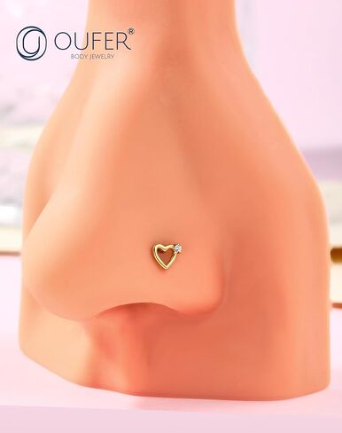 OUFER 925 الفضة الاسترليني الأنف مسمار L الأنف خواتم 20G الأنف الصلبة القلب ثقب الأنف مجوهرات الغضروف أقراط للنساء الرجال (L - القلب) in Kuwait