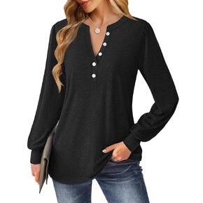 Women's Puff Long Sleeve Tunic V Neck Button Blouses Fall Tops Trendy Dressy Casual Business Henley Shirts in Saudi Arabia