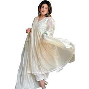 Shivshakti Craft Women's Chanderi Silk Embroidered Anarkali Kurti With Pant and Dupatta in Kuwait