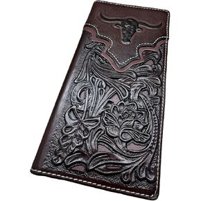 Men’s Long Leather Wallet – Laser Cut Floral Rodeo Bifold with Embossed Longhorn Design – Cowboy Checkbook Wallet for Ranchers, Rodeo Fans & Western Gifts in Saudi Arabia