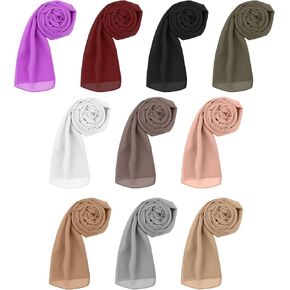 10 Pack Solid Color Chiffon Hijabs, Large Chiffon Hijabs Scarves for Women Muslim Head Wraps Turban Soft Shawls and Wraps for Muslim Women, Lightweight and Breathable in Kuwait