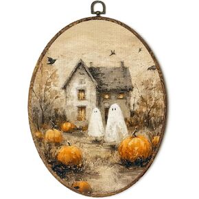 FSTCSV Fall Halloween Ghost Oval Wall Art Framed, Autumn Ghost Reading Book Canvas Prints Wall Hanging Art, Vintage Black Cat Book Fall Halloween Oval Walls Decor for Home Living Room, 8.8x11.5in in Saudi Arabia