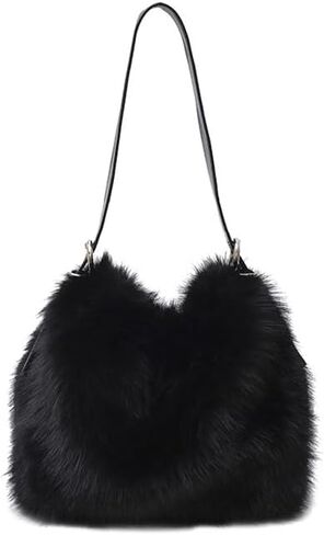 Ulisty Women Small Faux Fox Fur Hobo Bag Furry Adjustable Strap Shoulder Bag Plush Purse Fashion Handbag in Kuwait