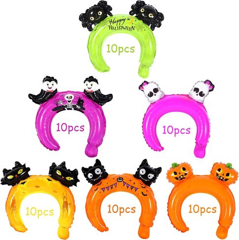 60 Pieces Halloween Inflatable Headband Cute Cartoon Balloons Hats Hair Hoops with Pattern Halloween Party Favors Photo Props in Saudi Arabia