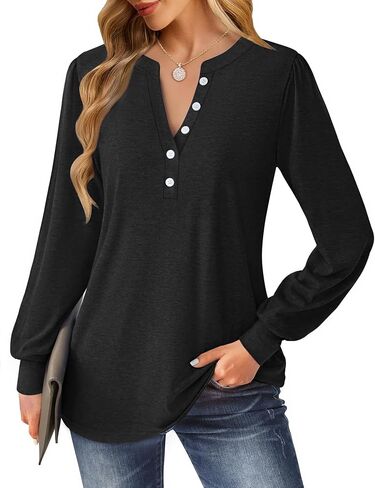 Women's Puff Long Sleeve Tunic V Neck Button Blouses Fall Tops Trendy Dressy Casual Business Henley Shirts in Saudi Arabia