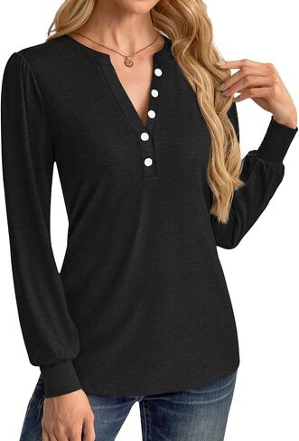 Women's Puff Long Sleeve Tunic V Neck Button Blouses Fall Tops Trendy Dressy Casual Business Henley Shirts in Saudi Arabia