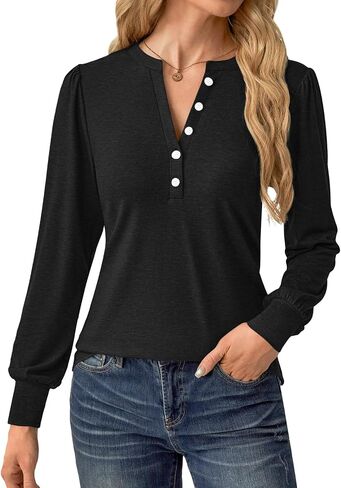 Women's Puff Long Sleeve Tunic V Neck Button Blouses Fall Tops Trendy Dressy Casual Business Henley Shirts in Saudi Arabia
