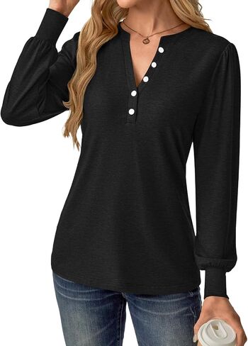 Women's Puff Long Sleeve Tunic V Neck Button Blouses Fall Tops Trendy Dressy Casual Business Henley Shirts in Saudi Arabia