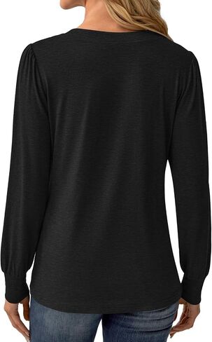 Women's Puff Long Sleeve Tunic V Neck Button Blouses Fall Tops Trendy Dressy Casual Business Henley Shirts in Saudi Arabia