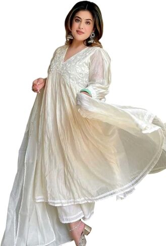 Shivshakti Craft Women's Chanderi Silk Embroidered Anarkali Kurti With Pant and Dupatta in Saudi Arabia