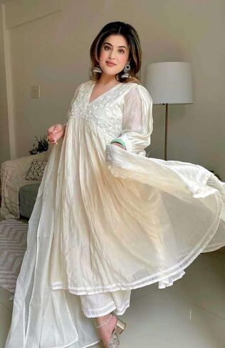 Shivshakti Craft Women's Chanderi Silk Embroidered Anarkali Kurti With Pant and Dupatta in Saudi Arabia