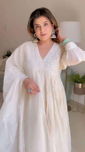 Shivshakti Craft Women's Chanderi Silk Embroidered Anarkali Kurti With Pant and Dupatta in Saudi Arabia