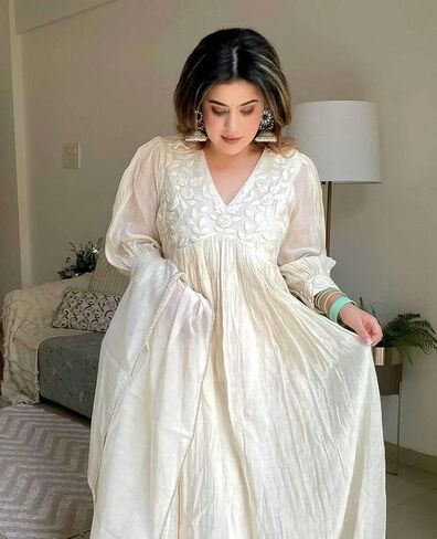 Shivshakti Craft Women's Chanderi Silk Embroidered Anarkali Kurti With Pant and Dupatta in Saudi Arabia