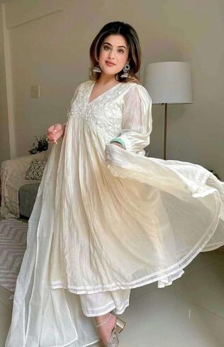 Shivshakti Craft Women's Chanderi Silk Embroidered Anarkali Kurti With Pant and Dupatta in Saudi Arabia