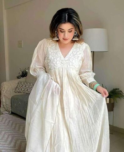Shivshakti Craft Women's Chanderi Silk Embroidered Anarkali Kurti With Pant and Dupatta in Saudi Arabia