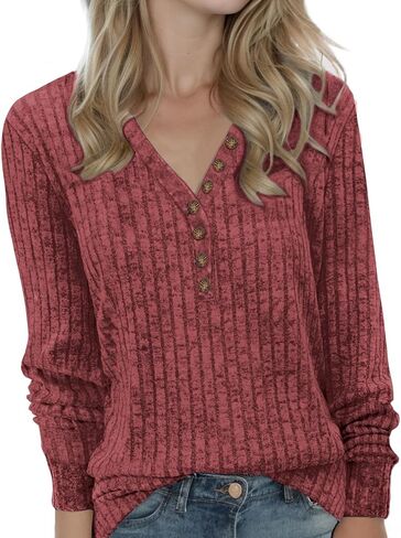 Buauty Womens Long Sleeve Sweaters Henley Shirts V Neck Tunic Tops for Womens Fall Fashion Sweaters Trendy 2025 in Saudi Arabia