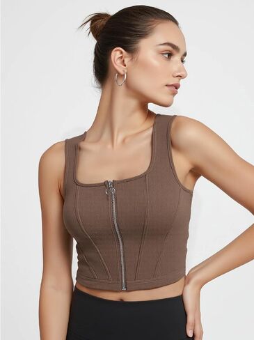 Womens Square Neck Zip Front Crop Tank Top Sleeveless Stretchy Corset Crop Tank Tops Workout Gym Yoga Bras in Saudi Arabia