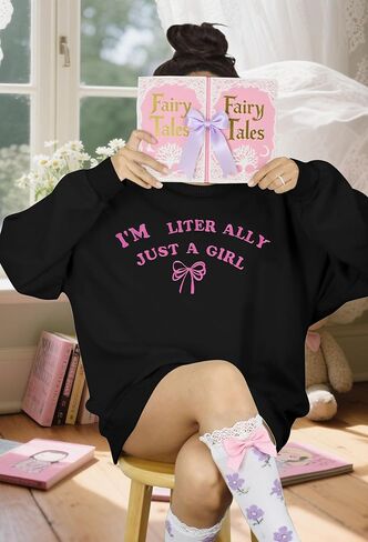NEWWEN I'm Literally Just a Girl Sweatshirt Women Embroidered Coquette Top Pink Bow Graphic Shirt Oversized Girly Pullover in Saudi Arabia