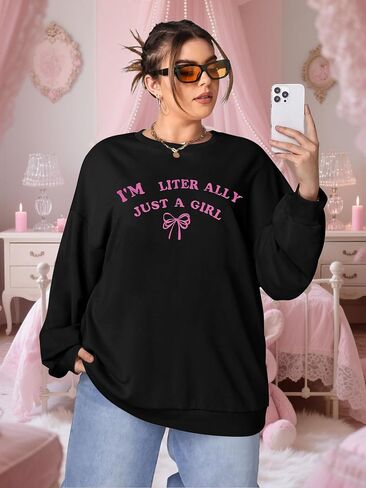 NEWWEN I'm Literally Just a Girl Sweatshirt Women Embroidered Coquette Top Pink Bow Graphic Shirt Oversized Girly Pullover in Saudi Arabia