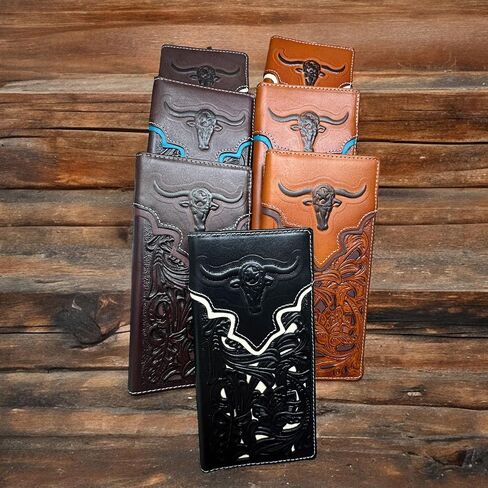 Men’s Long Leather Wallet – Laser Cut Floral Rodeo Bifold with Embossed Longhorn Design – Cowboy Checkbook Wallet for Ranchers, Rodeo Fans & Western Gifts in Saudi Arabia