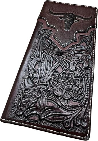 Men’s Long Leather Wallet – Laser Cut Floral Rodeo Bifold with Embossed Longhorn Design – Cowboy Checkbook Wallet for Ranchers, Rodeo Fans & Western Gifts in Saudi Arabia