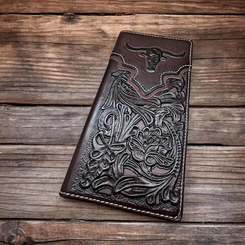 Men’s Long Leather Wallet – Laser Cut Floral Rodeo Bifold with Embossed Longhorn Design – Cowboy Checkbook Wallet for Ranchers, Rodeo Fans & Western Gifts in Saudi Arabia