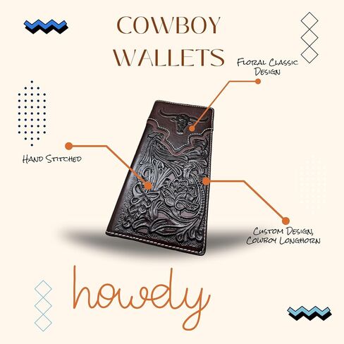 Men’s Long Leather Wallet – Laser Cut Floral Rodeo Bifold with Embossed Longhorn Design – Cowboy Checkbook Wallet for Ranchers, Rodeo Fans & Western Gifts in Saudi Arabia