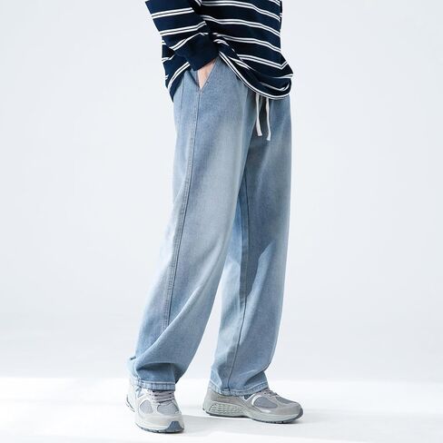 Casual Hip Hop Baggy Jeans, Light Blue Denim, Wide Leg Skater Style, Relaxed Fit, Streetwear Pants for Men in Saudi Arabia